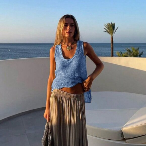 Blue Casual Women's Cute Sparkly See Through Textured Round Neck top - Picture 5 of 8